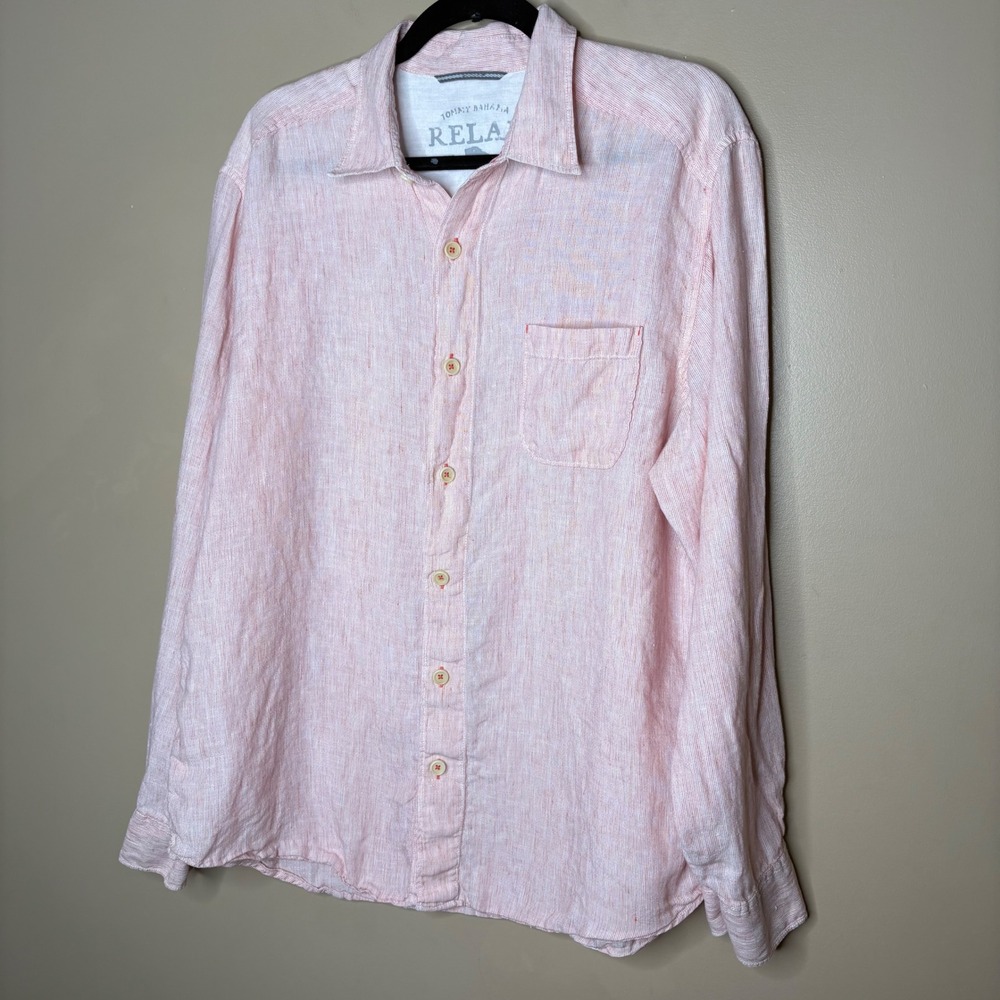 Tommy Bahama Relax Mens Large Pink White Striped 100% Linen Button Front Shirt - Picture 3 of 8